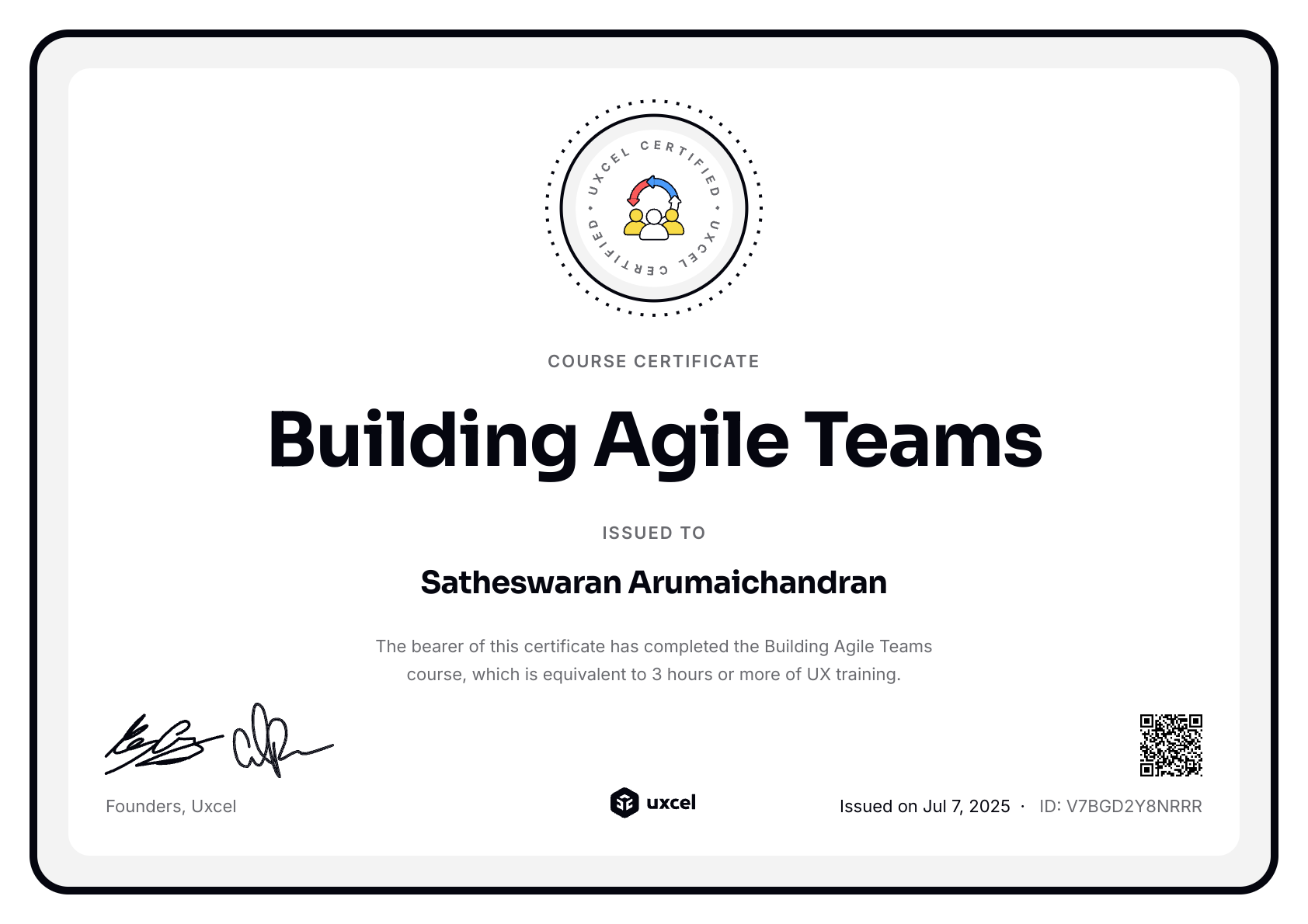 Satheswaran Arumaichandran's certificate